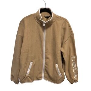 NWT Bebe Sport Womens Polar Fleece Jacket Zip Up Mock Neck Tan Logo Size L  $99